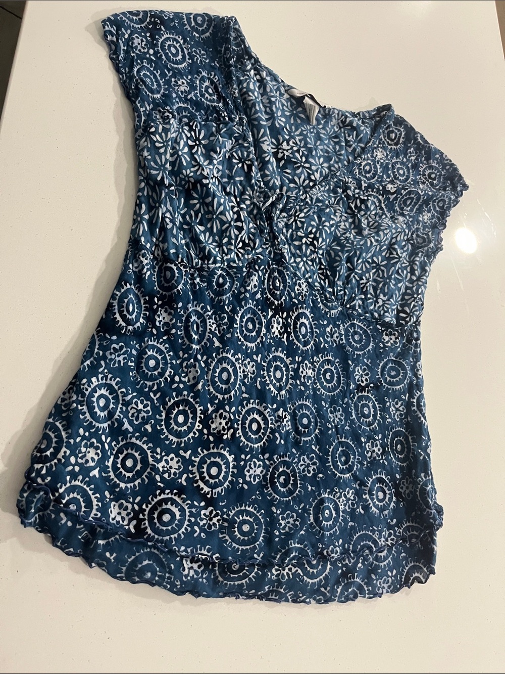 Nomadic Traders Blue Printed Cap-Sleeve Blouse Medium EUC